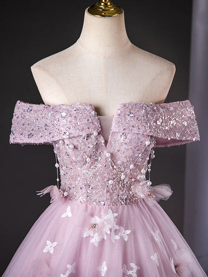 A-Line Off Shoulder Tulle Lace Pink Long Prom Dress, Pink Long Formal Dress ED01110