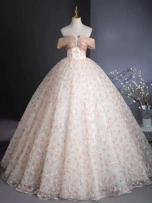 A-Line Off Shoulder Tulle Lace Champagne Long Prom Dress, Champagne Formal Dress ED01111