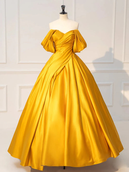 A-Line Off Shoulder Satin Yellow Long Prom Dress, Yellow Long Formal Dress ED01112