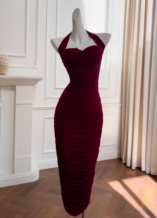 Burgunderrotes, enges Kleid mit Neckholder, Abendkleid, Geburtstagskleid ED01114