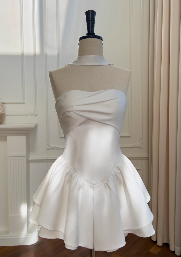 Fairytale White Strapless Prom Dress 🤍Elegant Birthday Short Party Dress 