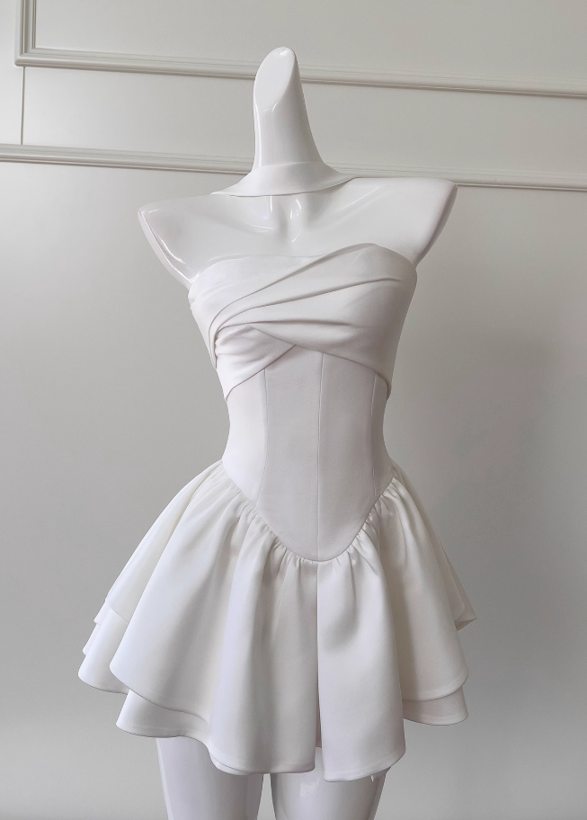 Fairytale White Strapless Prom Dress 🤍Elegant Birthday Short Party Dress 