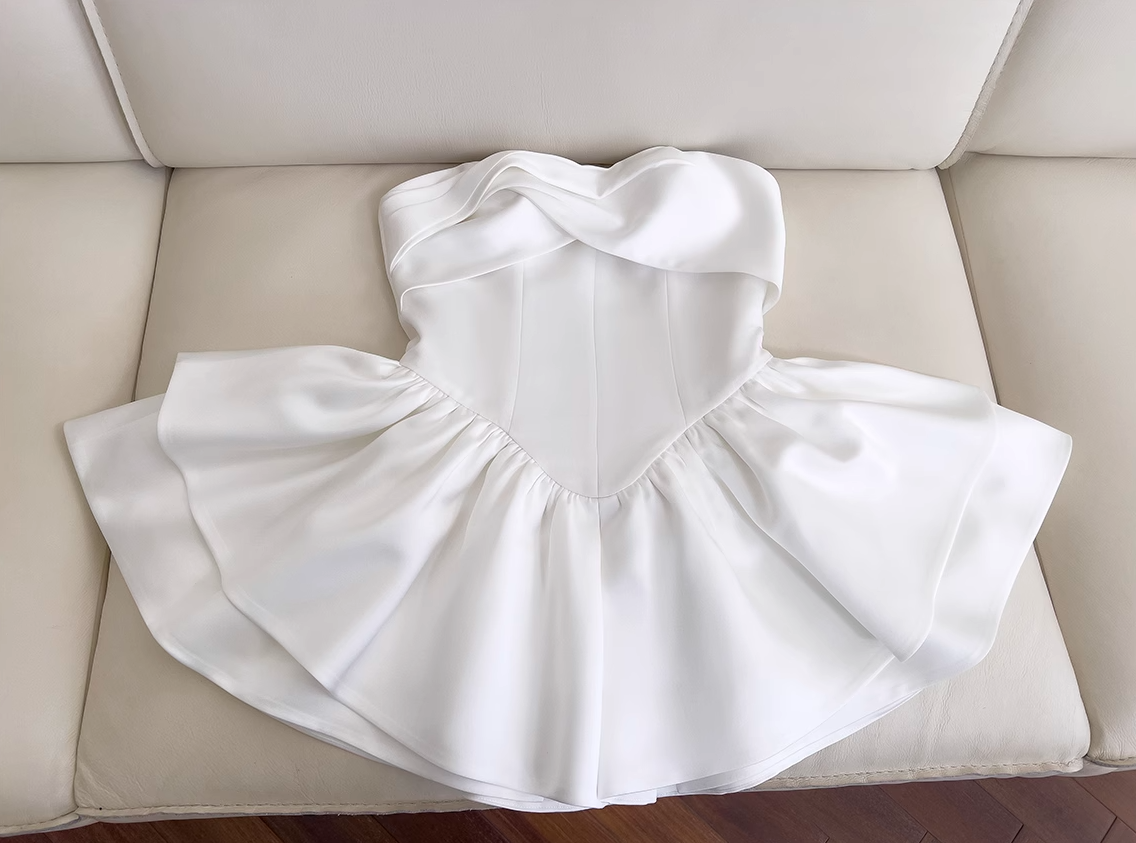 Fairytale White Strapless Prom Dress 🤍Elegant Birthday Short Party Dress 