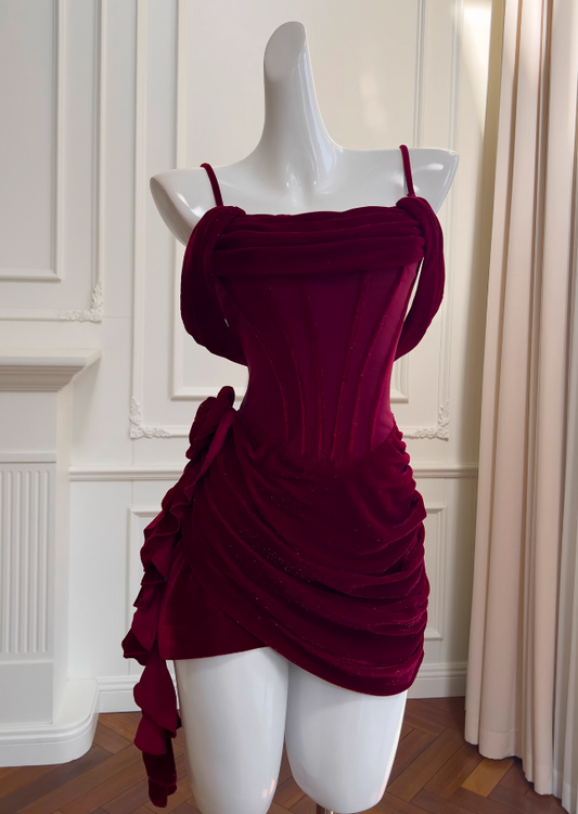 Burgunderrotes A-Linien-Ballkleid mit Spaghettiträgern und Samt, kurzes Homecoming-Kleid ED01116