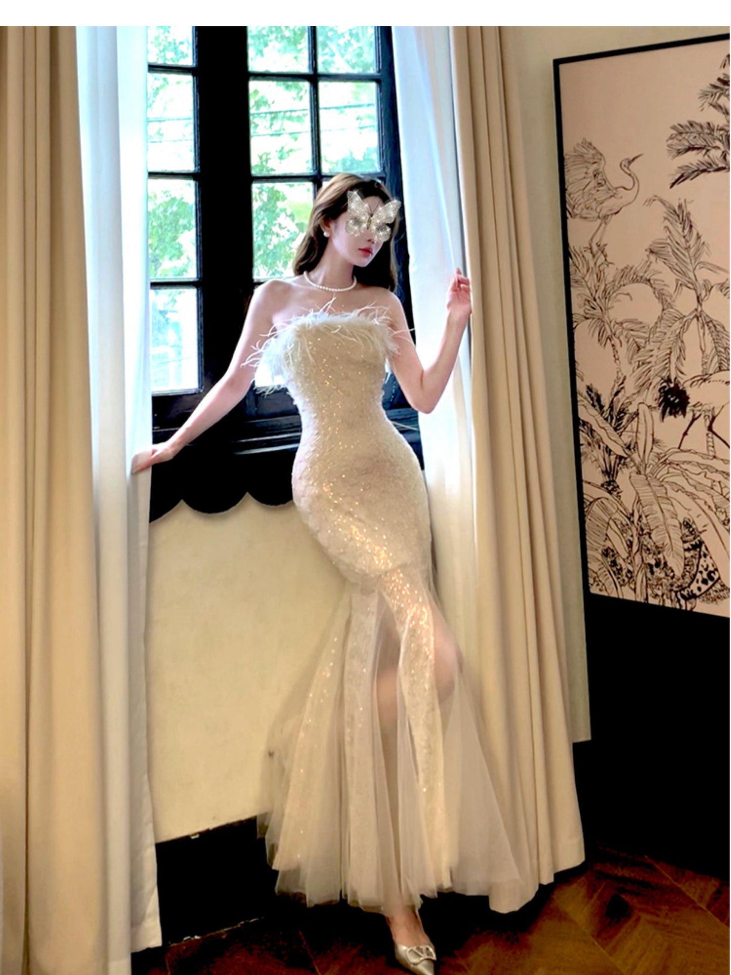 Feather strapless mermaid dress, party dress ED01118