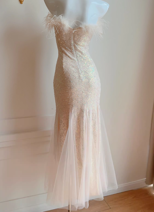 Feather strapless mermaid dress, party dress ED01118