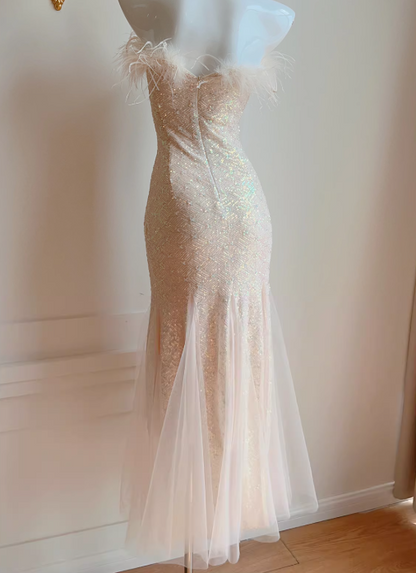 Feather strapless mermaid dress, party dress ED01118