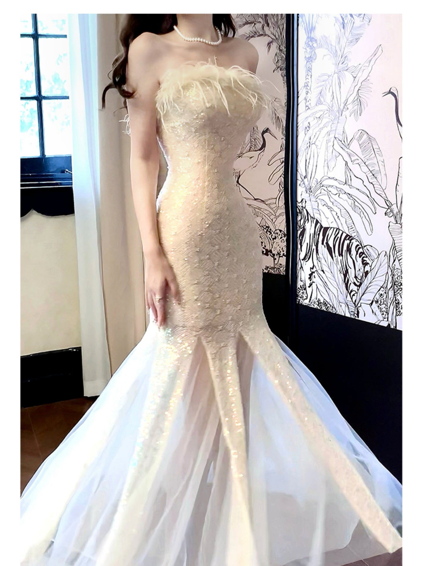 Feather strapless mermaid dress, party dress ED01118