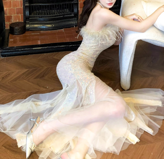Feather strapless mermaid dress, party dress ED01118