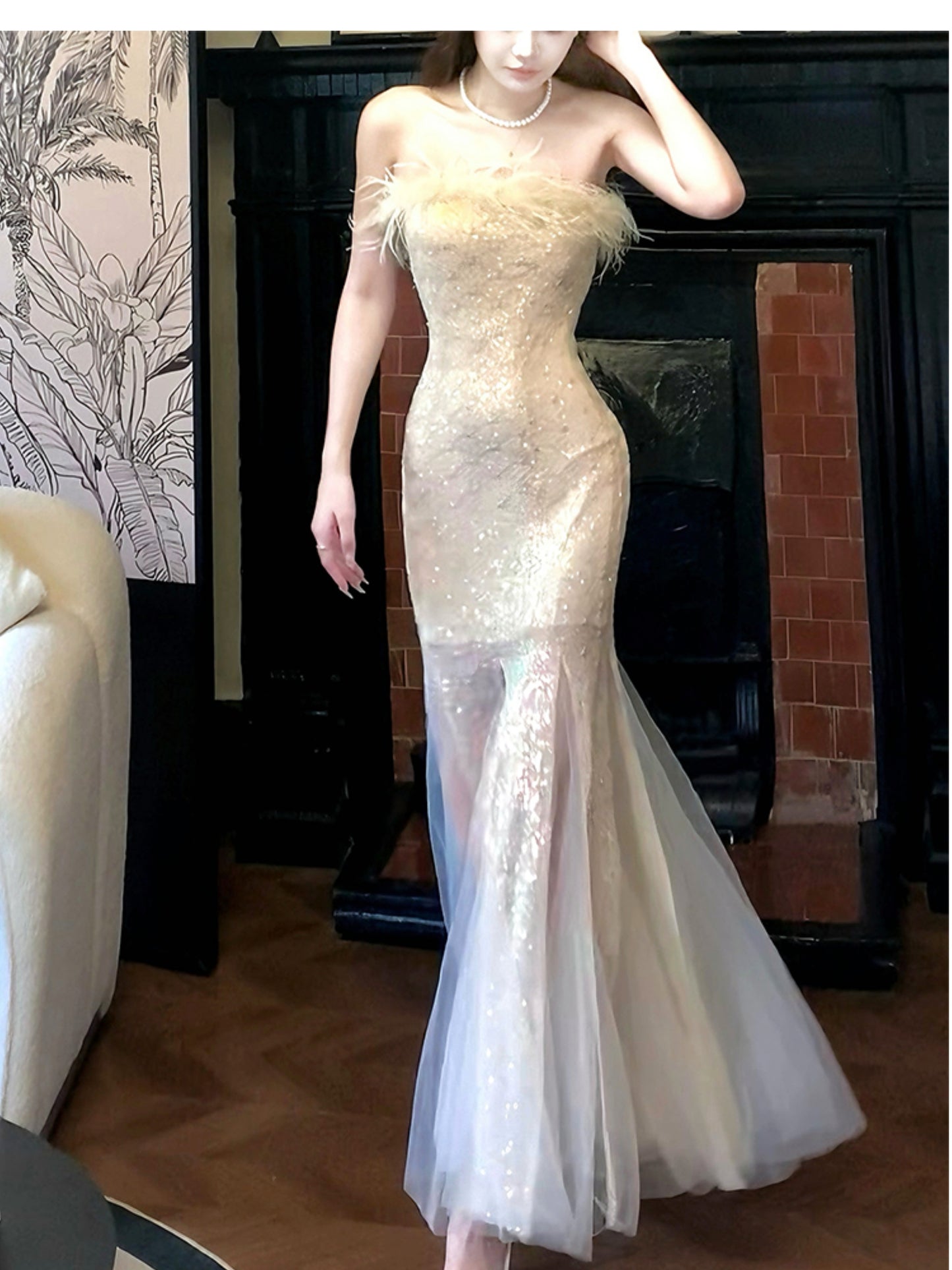Feather strapless mermaid dress, party dress ED01118