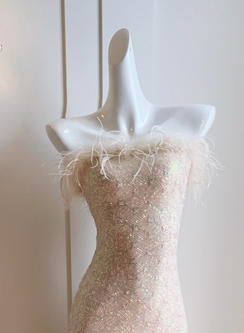 Feather strapless mermaid dress, party dress ED01118