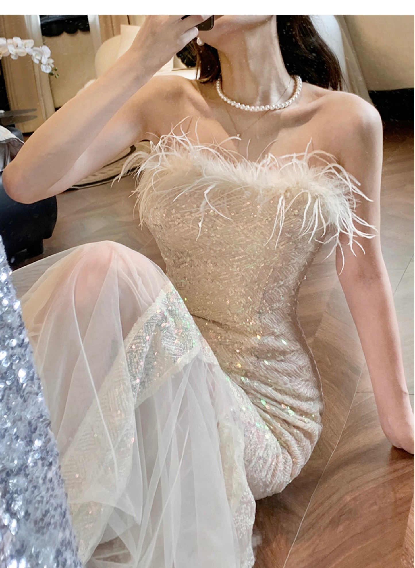 Feather strapless mermaid dress, party dress ED01118