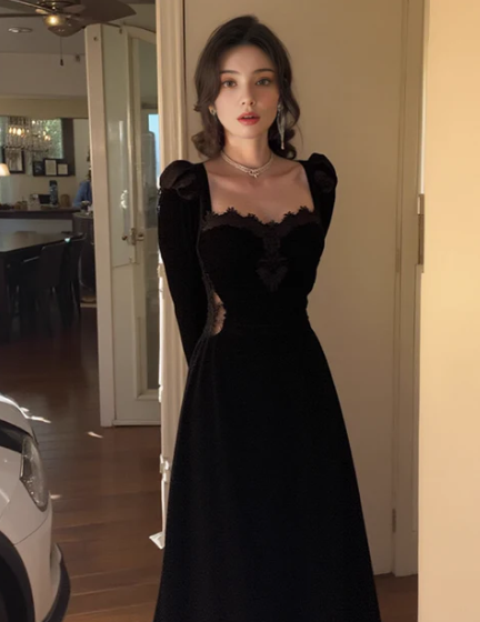 Hepburn style birthday dress daily party French temperament velvet black dress for women ED0113