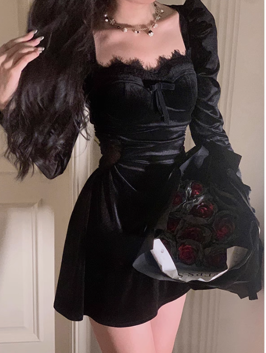 Hepburn style birthday dress daily party French temperament velvet black dress for women ED0113