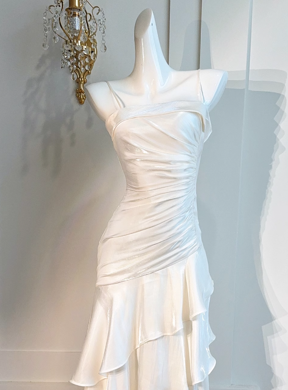 White A-line spaghetti strap chiffon satin tiered ball gown