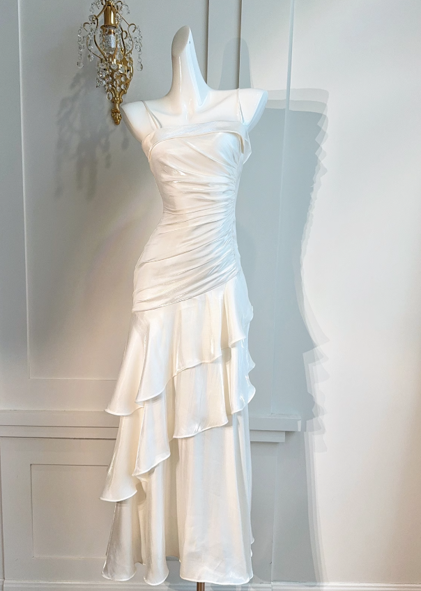 White Spaghetti Strap Chiffon Satin Tiered Ballgown