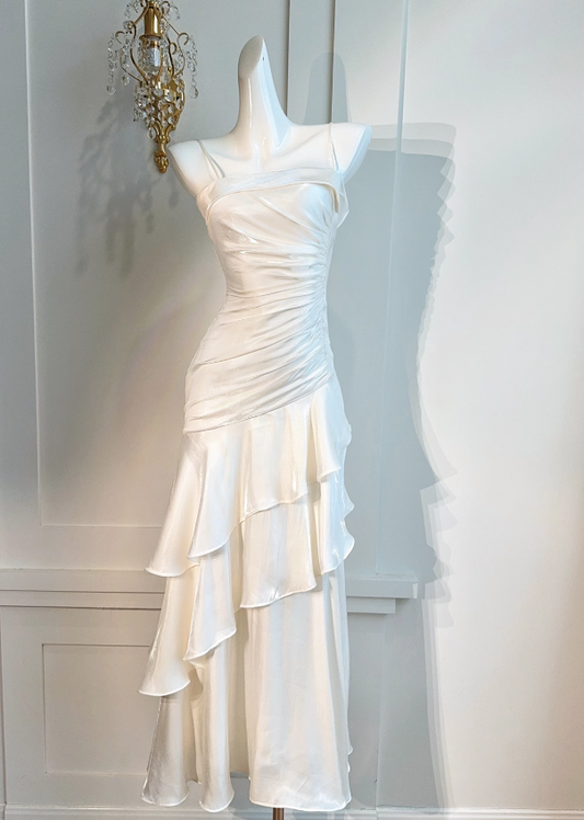 White Spaghetti Strap Chiffon Satin Tiered Ballgown