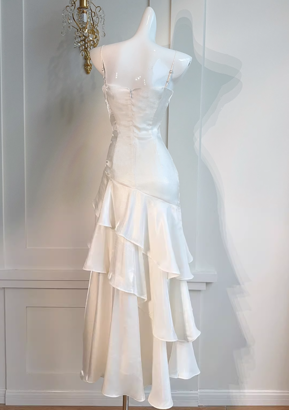 White A-line spaghetti strap chiffon satin tiered ball gown