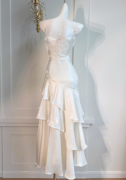 White A-line spaghetti strap chiffon satin tiered ball gown