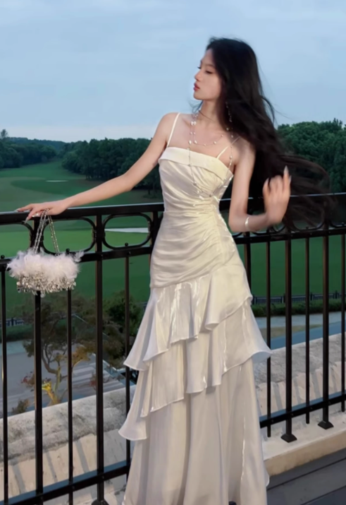 White A-line spaghetti strap chiffon satin tiered ball gown
