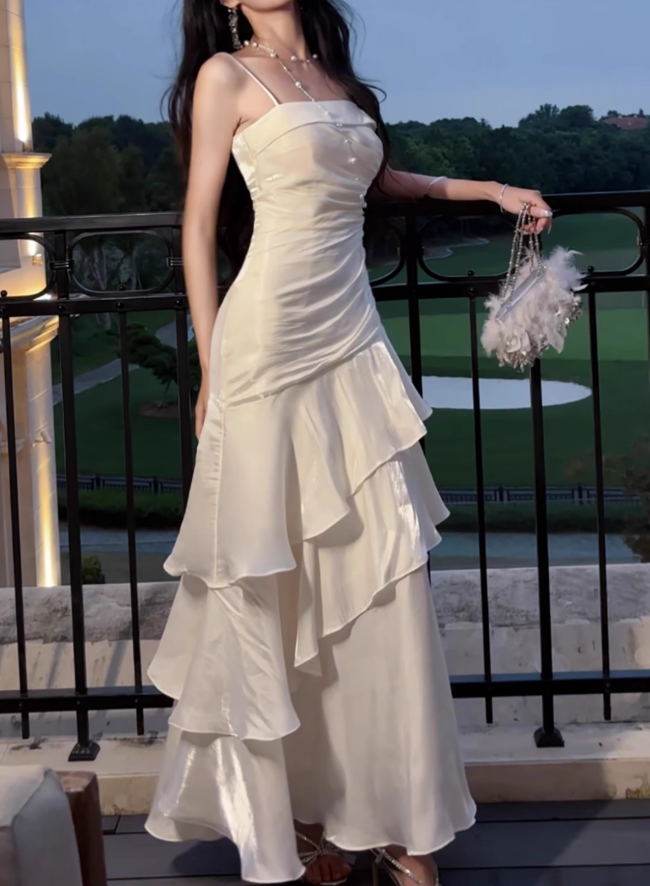 White A-line spaghetti strap chiffon satin tiered ball gown