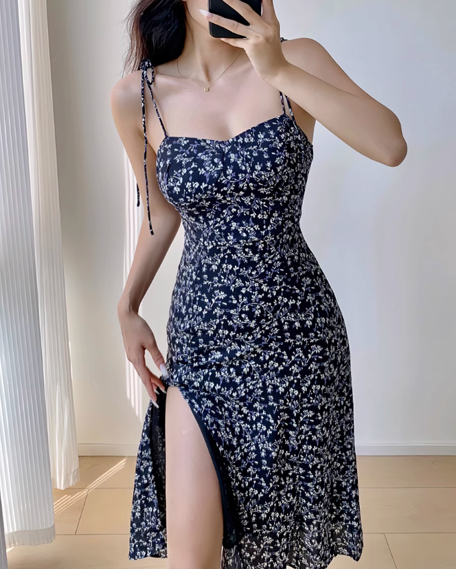 French retro navy blue floral slit suspender dress ED01132