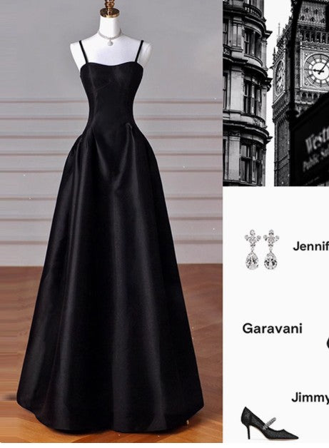 A-Line Sweetheart Prom Dress for Birthday&Graduation-Black Satin Long Formal Evening Dress 