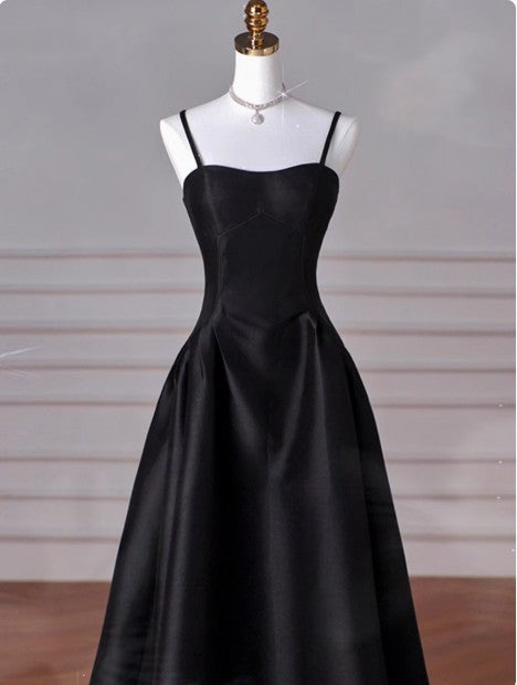 A-Line Sweetheart Prom Dress for Birthday&Graduation-Black Satin Long Formal Evening Dress 