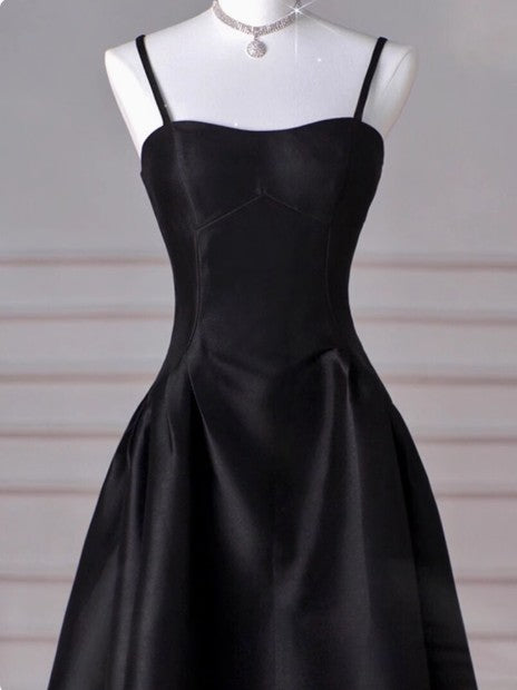A-Line Sweetheart Prom Dress for Birthday&Graduation-Black Satin Long Formal Evening Dress 