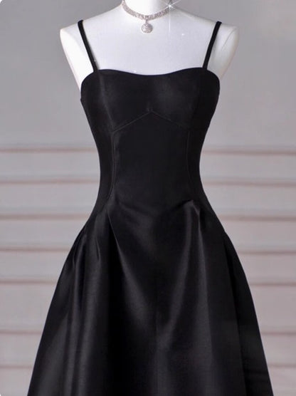 A-Line Sweetheart Prom Dress for Birthday&Graduation-Black Satin Long Formal Evening Dress 
