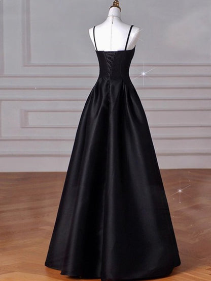 A-Line Sweetheart Prom Dress for Birthday&Graduation-Black Satin Long Formal Evening Dress 