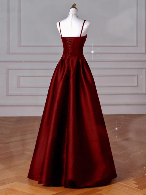 A-Line Sweetheart Prom Dress for Birthday&Graduation-Burgundy Satin Long Formal Evening Dress 
