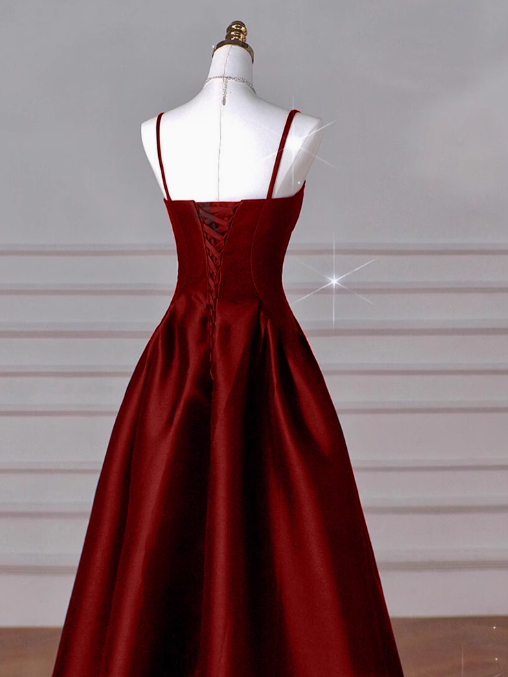 A-Line Sweetheart Prom Dress for Birthday&Graduation-Burgundy Satin Long Formal Evening Dress 