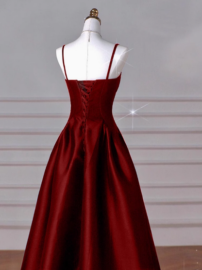 A-Line Sweetheart Prom Dress for Birthday&Graduation-Burgundy Satin Long Formal Evening Dress 