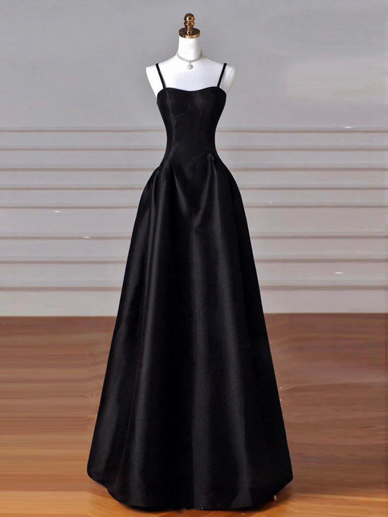 A-Line Sweetheart Prom Dress for Birthday&Graduation-Black Satin Long Formal Evening Dress 