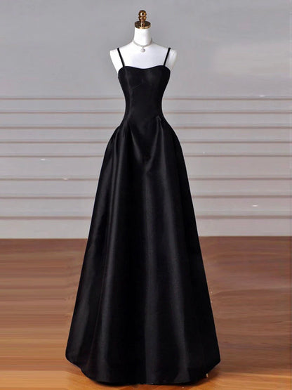 A-Line Sweetheart Prom Dress for Birthday&Graduation-Black Satin Long Formal Evening Dress 