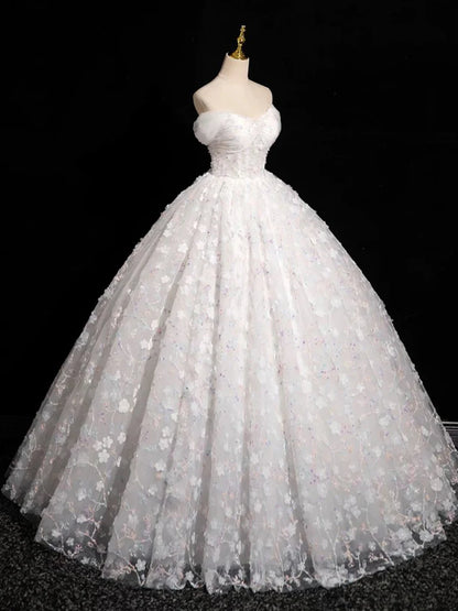 A-Line Sweetheart Neck Tulle Lace White Long Prom Dress, White Lace Formal Dress ED01134