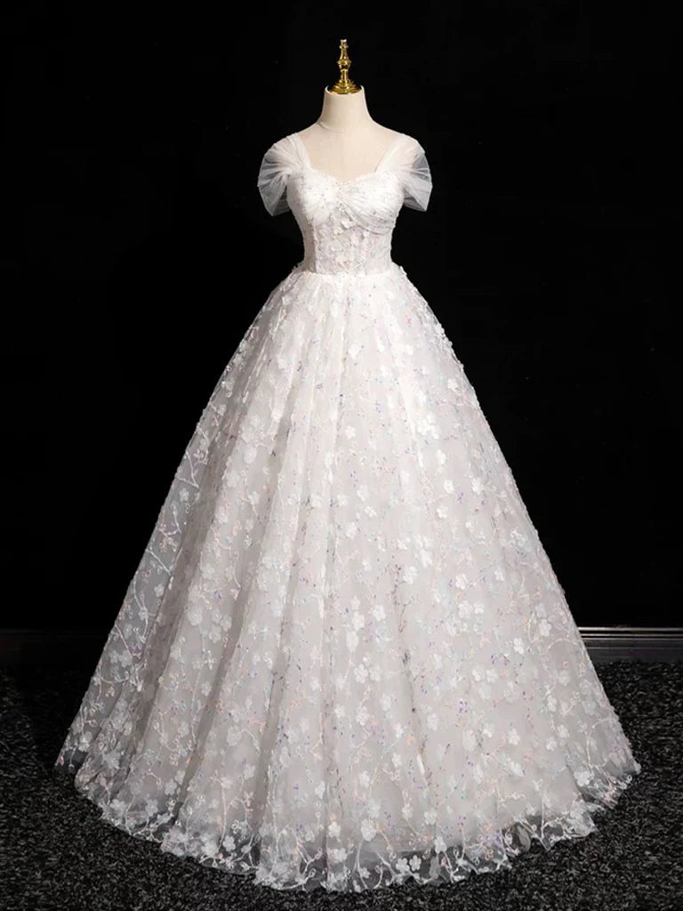 A-Line Sweetheart Neck Tulle Lace White Long Prom Dress, White Lace Formal Dress ED01134