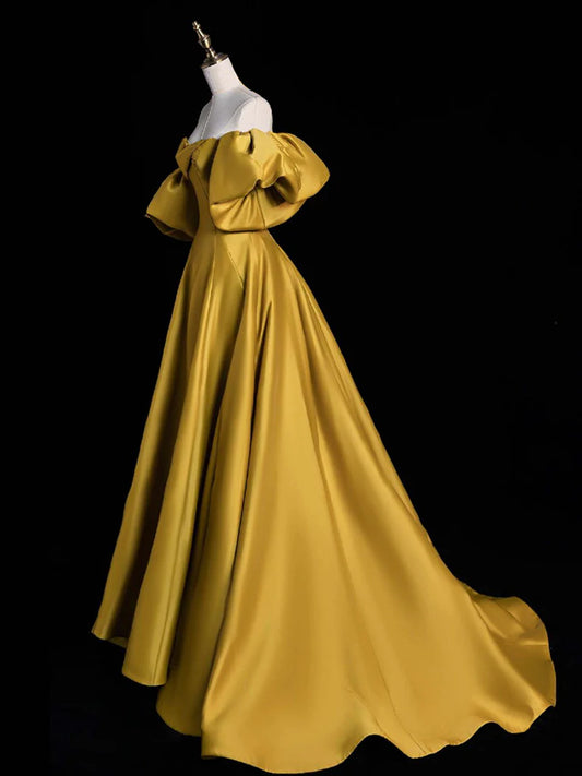 A-Line Sweetheart Neck Satin Gold Long Prom Dress, Gold Long Formal Dress ED01137
