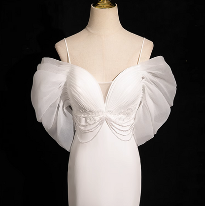Meerjungfrau V-Ausschnitt Satin Tüll Weiß Langes Ballkleid, Weißes Hochzeitskleid ED01139