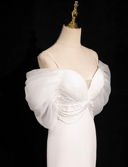 Meerjungfrau V-Ausschnitt Satin Tüll Weiß Langes Ballkleid, Weißes Hochzeitskleid ED01139