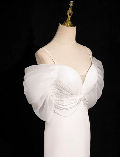 Meerjungfrau V-Ausschnitt Satin Tüll Weiß Langes Ballkleid, Weißes Hochzeitskleid ED01139