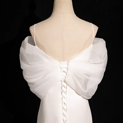 Meerjungfrau V-Ausschnitt Satin Tüll Weiß Langes Ballkleid, Weißes Hochzeitskleid ED01139