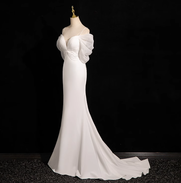 Meerjungfrau V-Ausschnitt Satin Tüll Weiß Langes Ballkleid, Weißes Hochzeitskleid ED01139