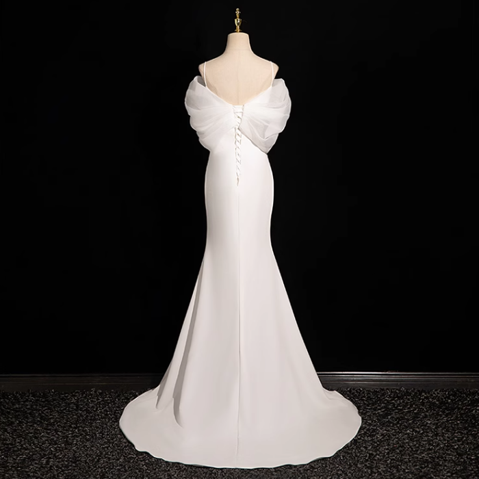 Meerjungfrau V-Ausschnitt Satin Tüll Weiß Langes Ballkleid, Weißes Hochzeitskleid ED01139