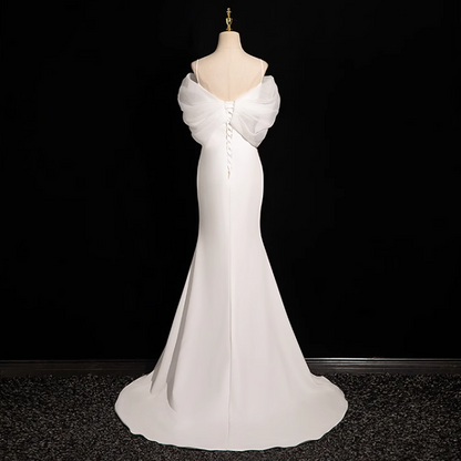 Meerjungfrau V-Ausschnitt Satin Tüll Weiß Langes Ballkleid, Weißes Hochzeitskleid ED01139