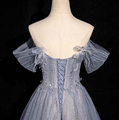 Robe de bal longue en tulle à paillettes et col en cœur gris-bleu, robe de soirée gris-bleu ED01140