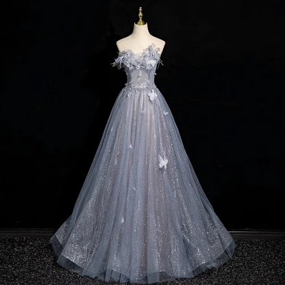 Robe de bal longue en tulle à paillettes et col en cœur gris-bleu, robe de soirée gris-bleu ED01140