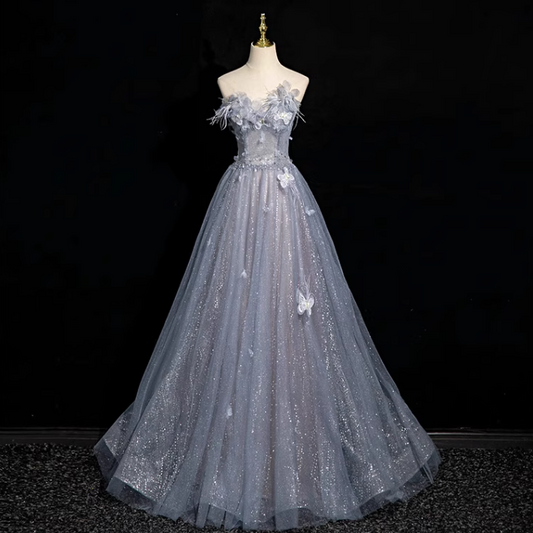 Graublaues A-Linien-Ballkleid mit herzförmigem Ausschnitt und Pailletten aus Tüll, graublaues Abendkleid ED01140