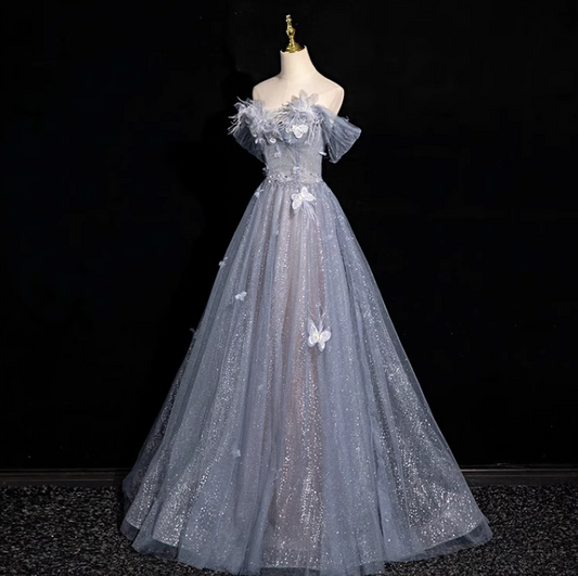 Graublaues A-Linien-Ballkleid mit herzförmigem Ausschnitt und Pailletten aus Tüll, graublaues Abendkleid ED01140